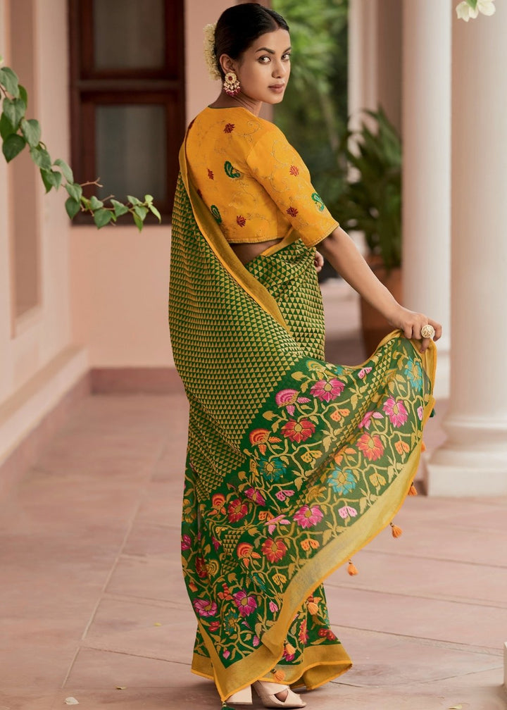 Yellow & Green Soft Silk Saree with Embroidered Blouse