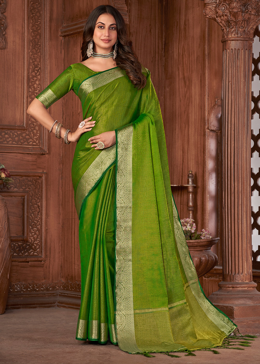 Emerald Green Zari Woven Tussar Silk Saree