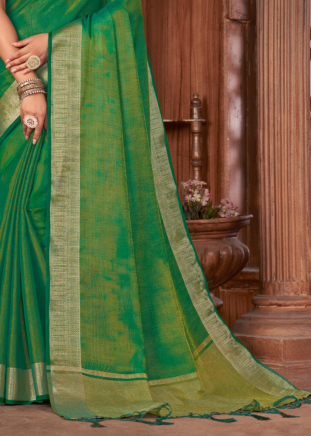 Revolution Green Zari Woven Tussar Silk Saree