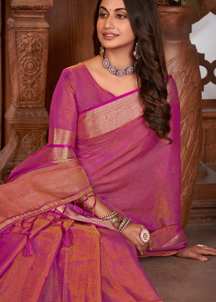 Hot Pink Zari Woven Tussar Silk Saree