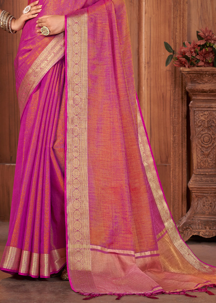 Hot Pink Zari Woven Tussar Silk Saree