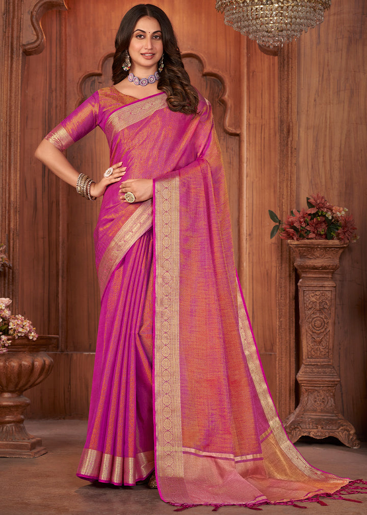 Hot Pink Zari Woven Tussar Silk Saree