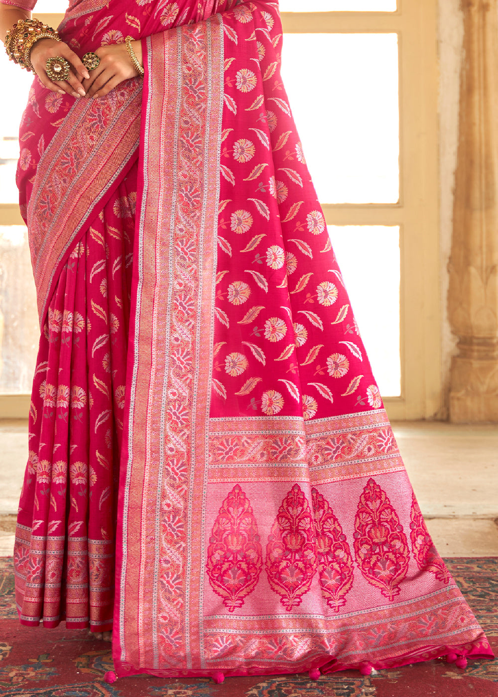 French Rose Pink Zari Woven Banarasi Silk Saree