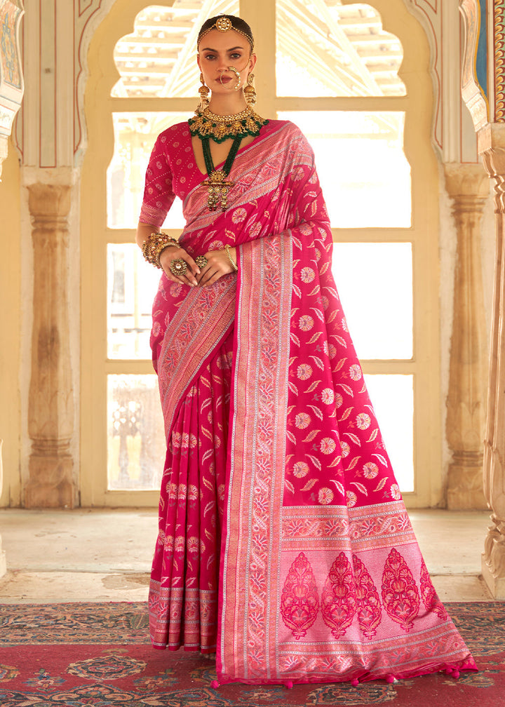 French Rose Pink Zari Woven Banarasi Silk Saree