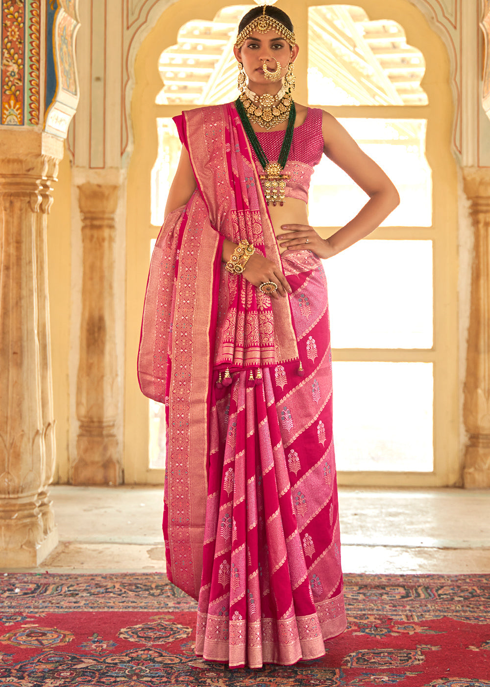 Shades Of Pink Zari Woven Banarasi Silk Saree