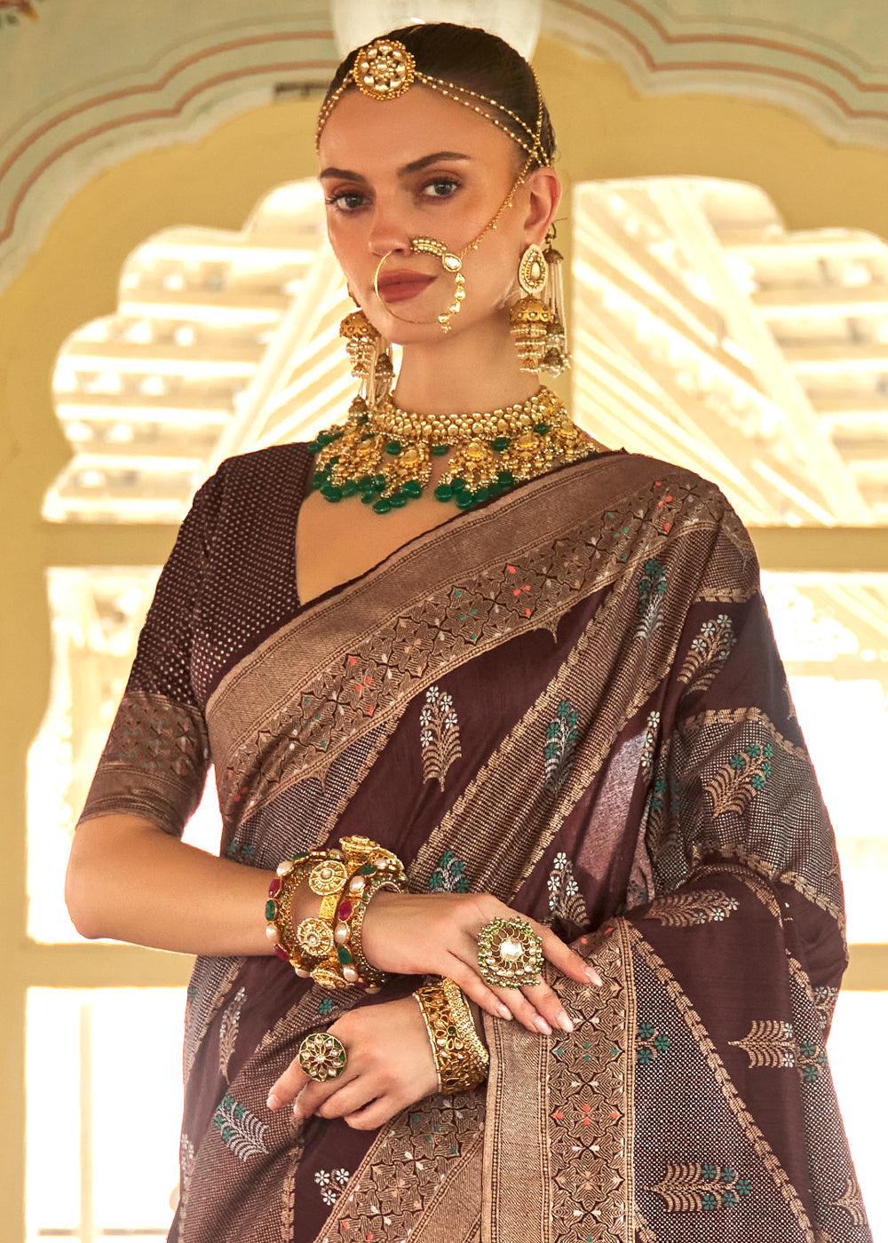 Dark Brown Zari Woven Banarasi Silk Saree