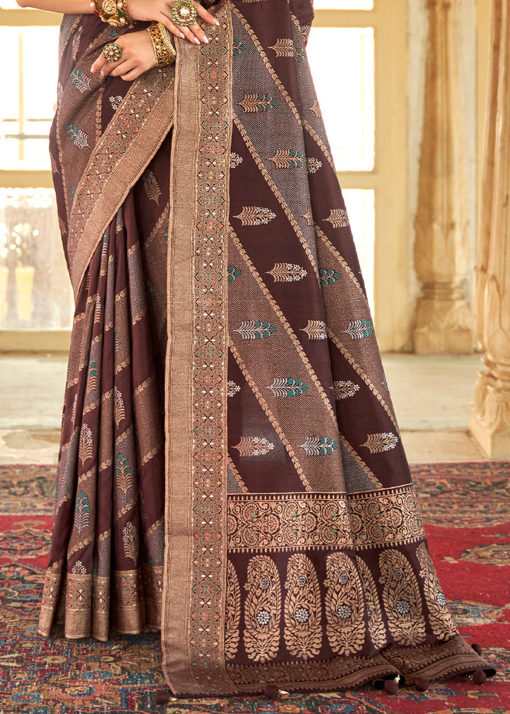 Dark Brown Zari Woven Banarasi Silk Saree