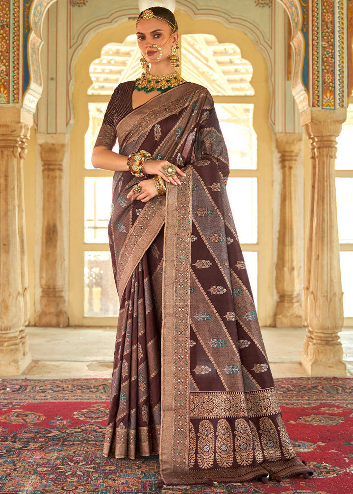 Dark Brown Zari Woven Banarasi Silk Saree