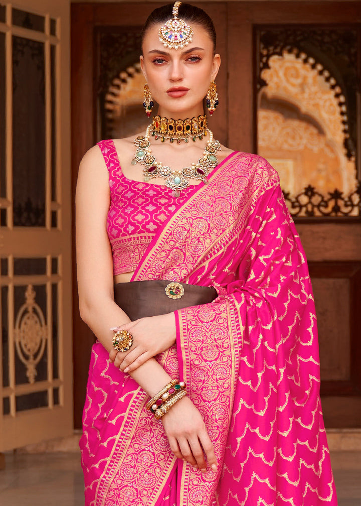 Deep Pink Zari Woven Soft Banarasi Silk Saree