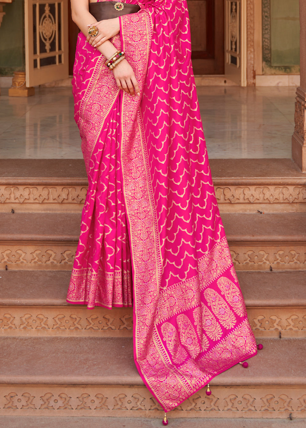 Deep Pink Zari Woven Soft Banarasi Silk Saree