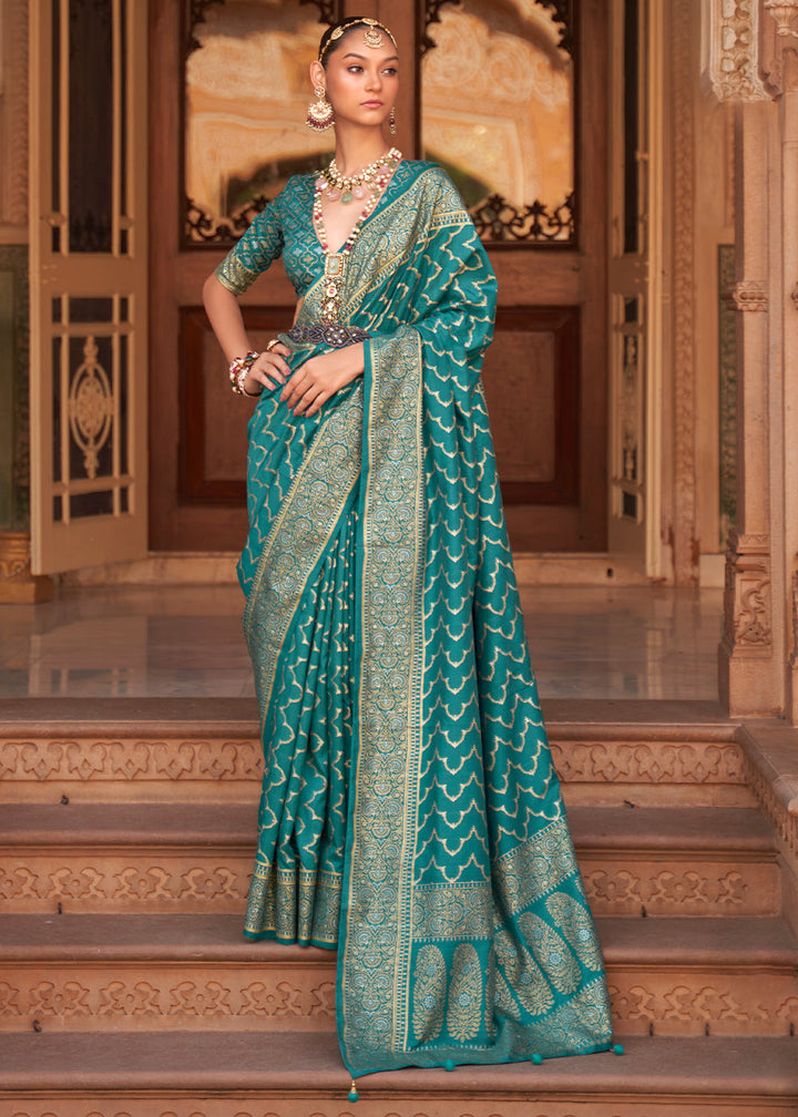 Bondi Teal Blue Zari Woven Soft Banarasi Silk Saree