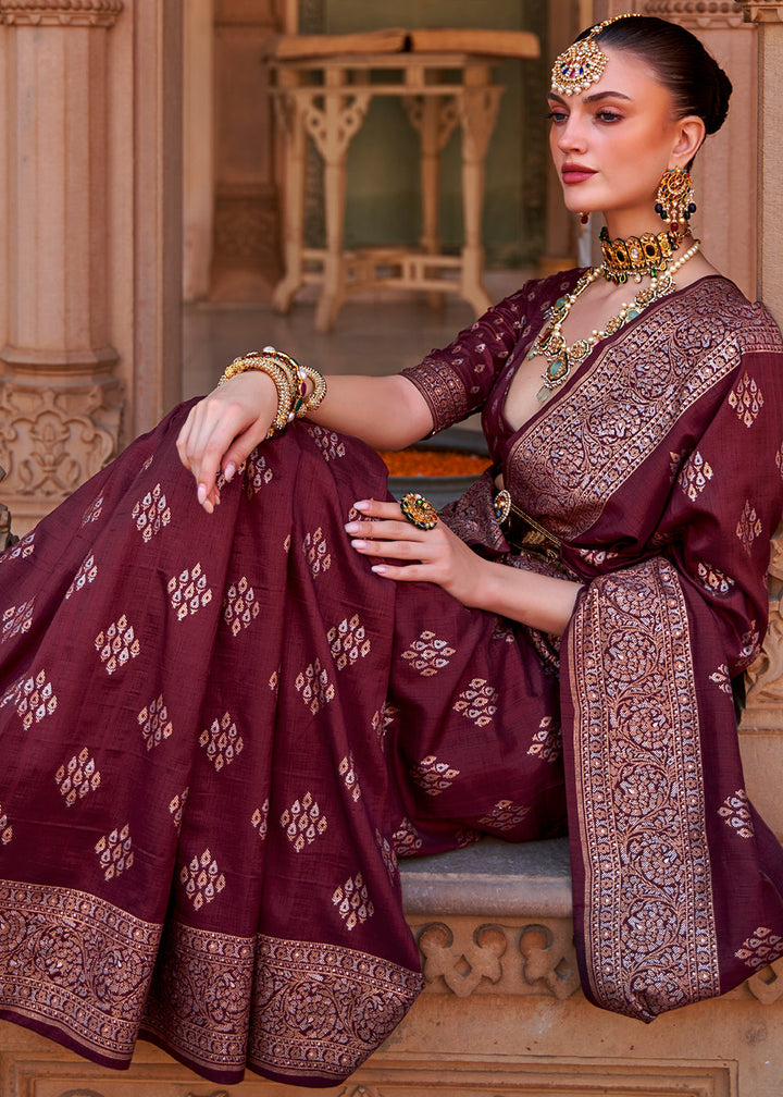 Plum Purple Zari Woven Soft Banarasi Silk Saree