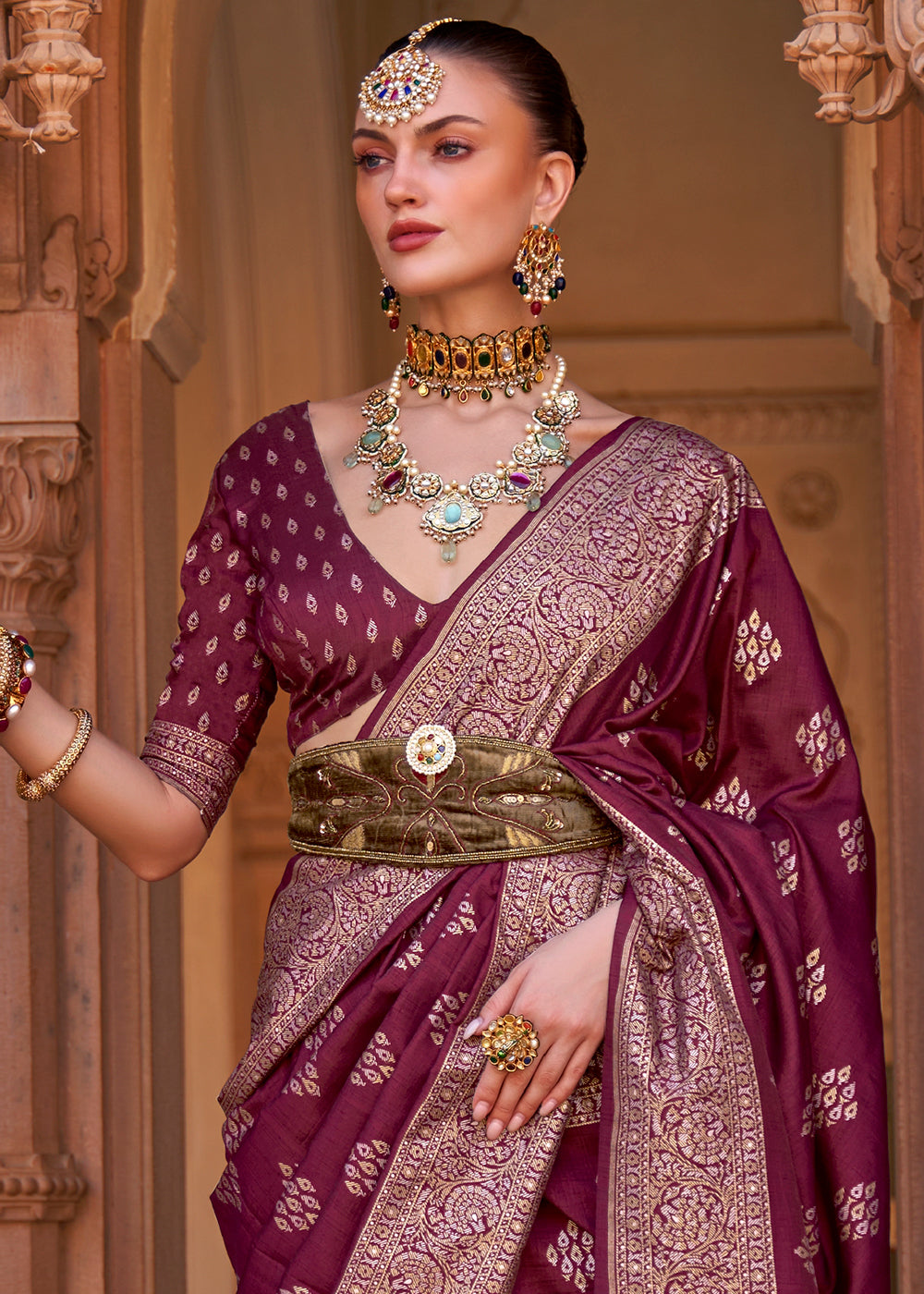 Plum Purple Zari Woven Soft Banarasi Silk Saree