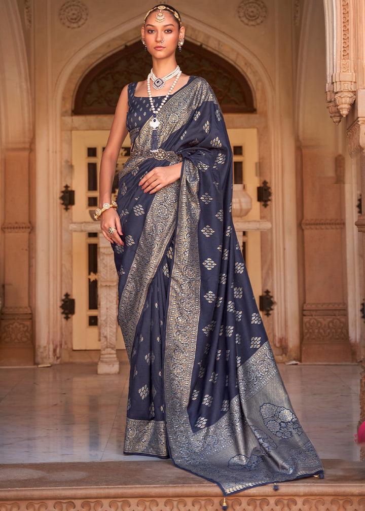 Space Blue Zari Woven Soft Banarasi Silk Saree