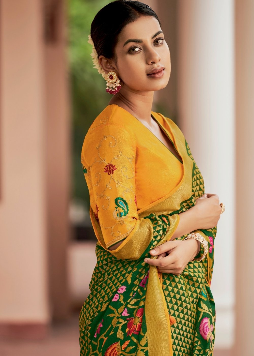 Yellow & Green Soft Silk Saree with Embroidered Blouse