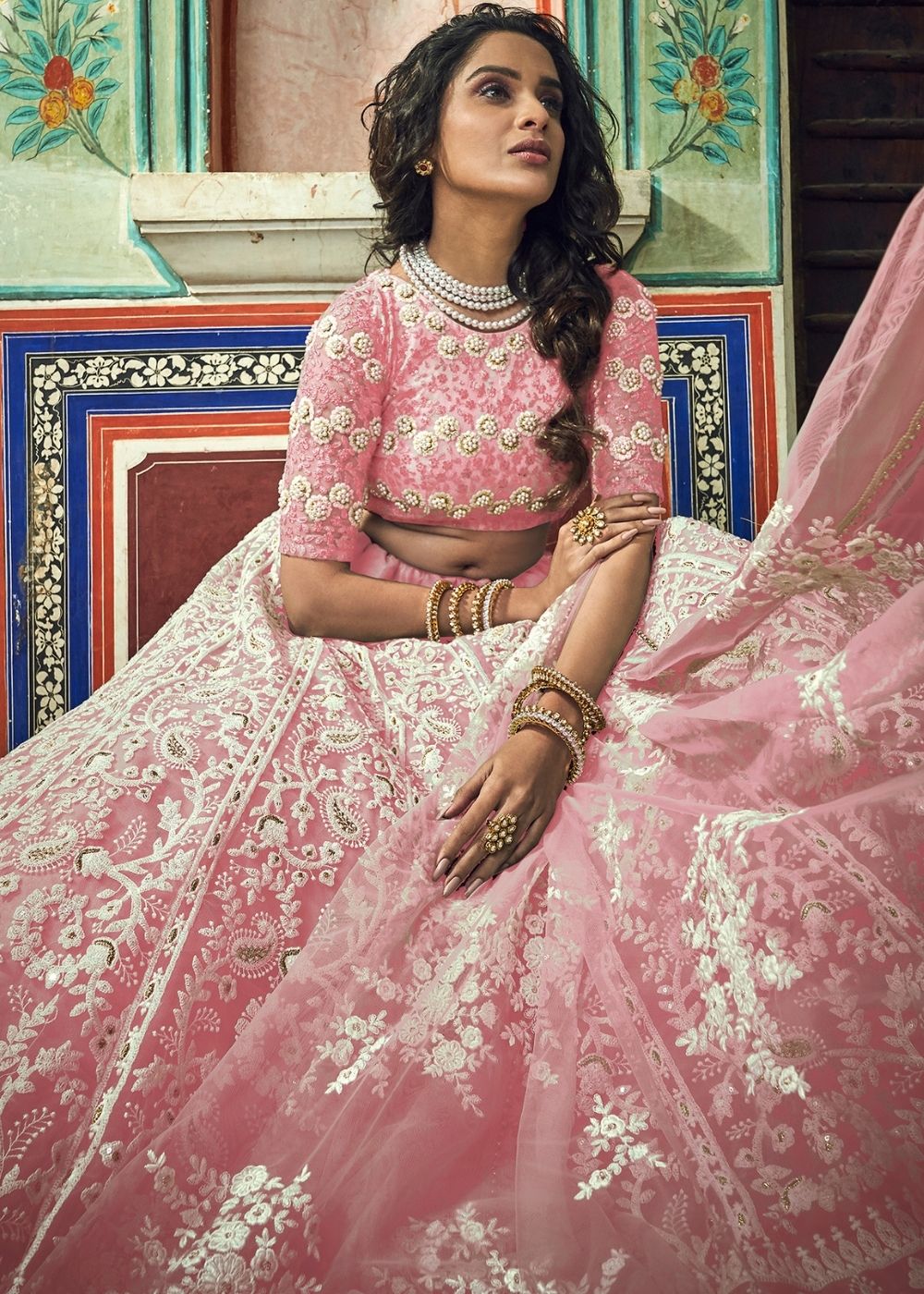 Crepe Pink Soft Net Lehenga Choli with Thread & Pearl work