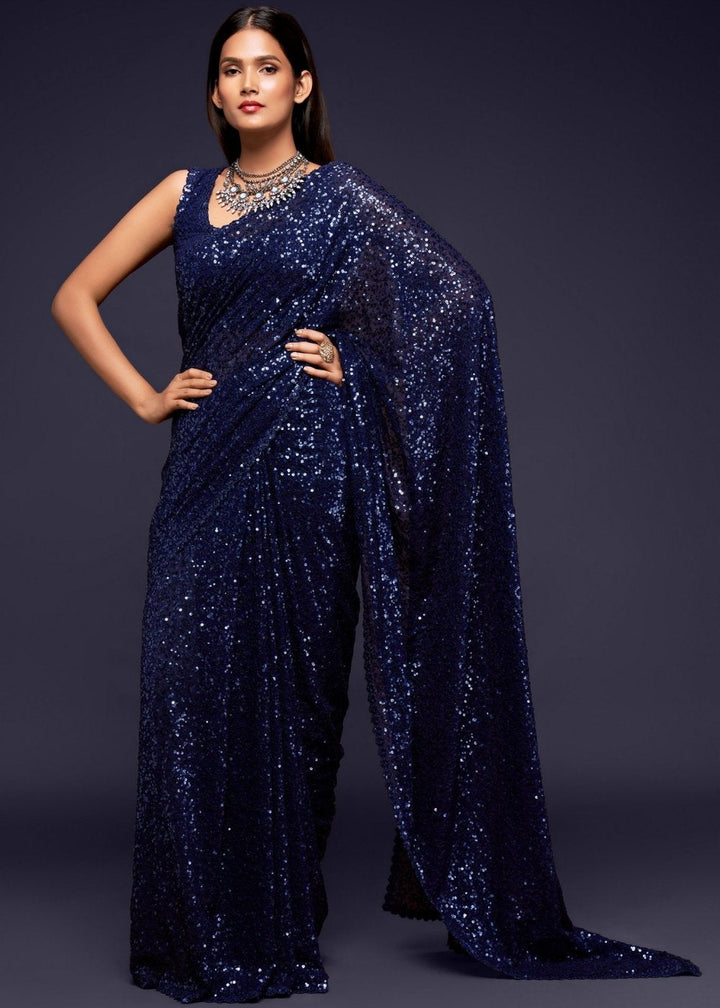 Berry Blue Sequins & Thread Embroidered Designer Georgette Saree : Top Pick