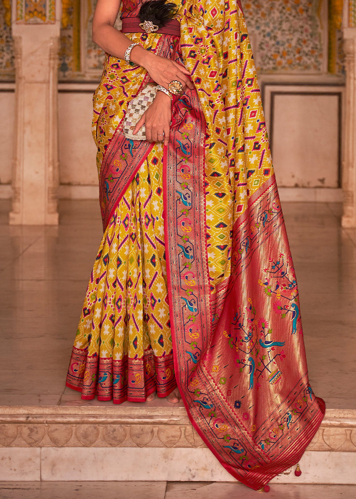 Yellow & Red Patola Printed Designer Silk Saree