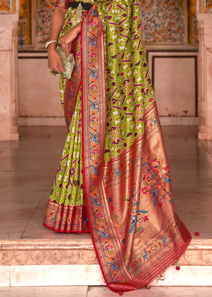 Green & Red Patola Printed Designer Silk Saree