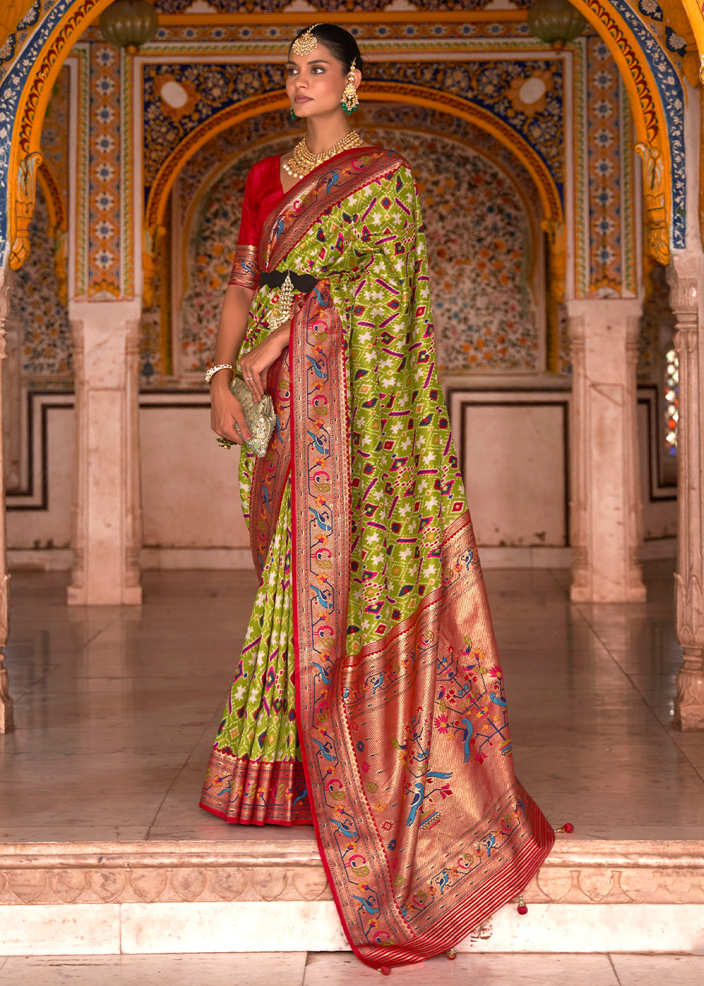 Green & Red Patola Printed Designer Silk Saree