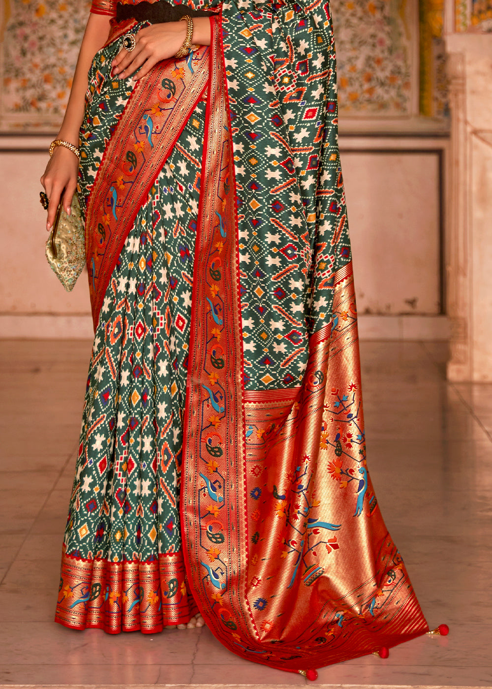 Green & Red Patola Printed Designer Silk Saree