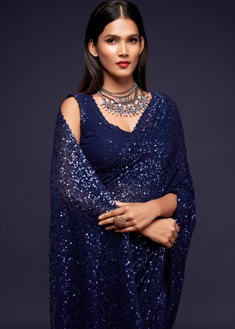 Berry Blue Sequins & Thread Embroidered Designer Georgette Saree : Top Pick