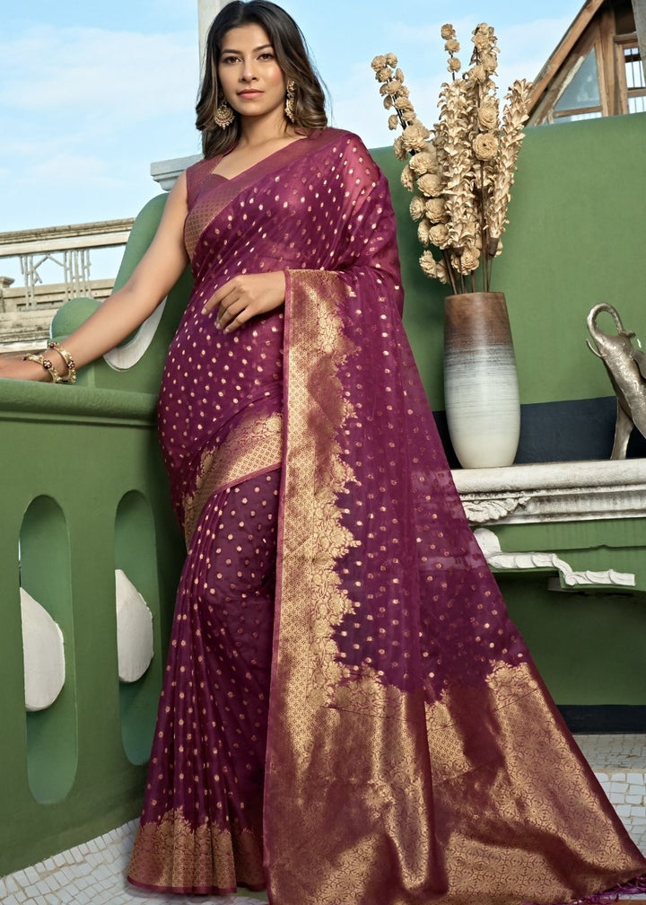 Plum Purple Zari Woven Organza Silk Saree