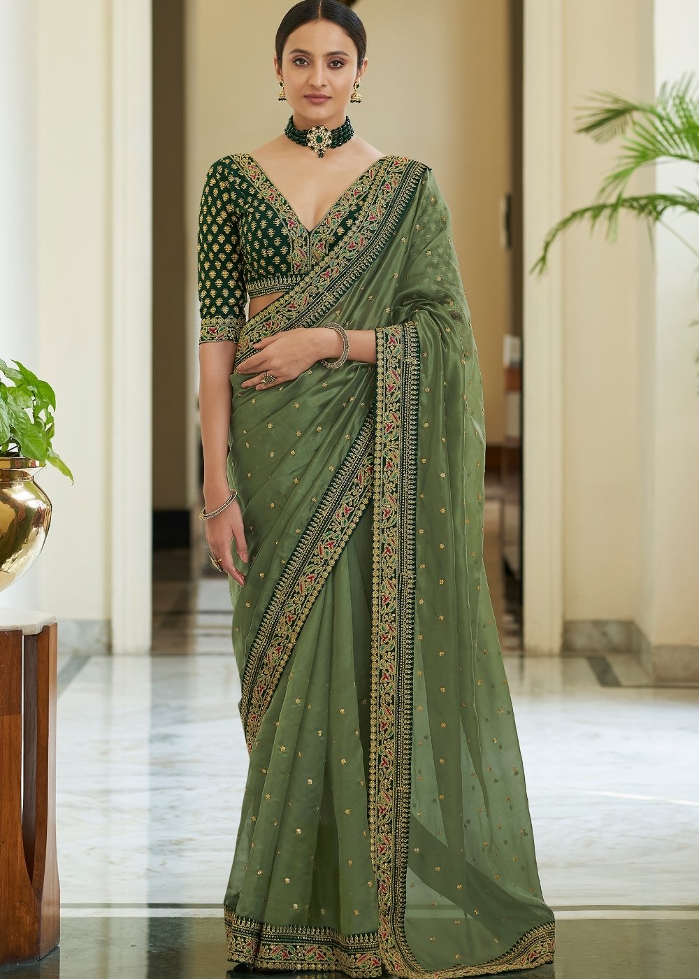 Olive Green Organza Saree with Dori, Sequins & Zari work : Top Pick