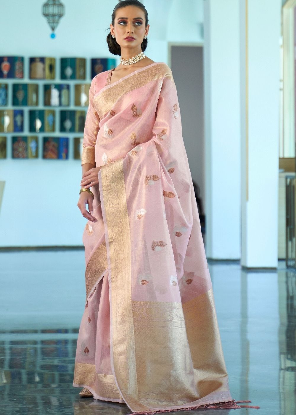 Lavender Pink Zari Woven Organza Silk Saree