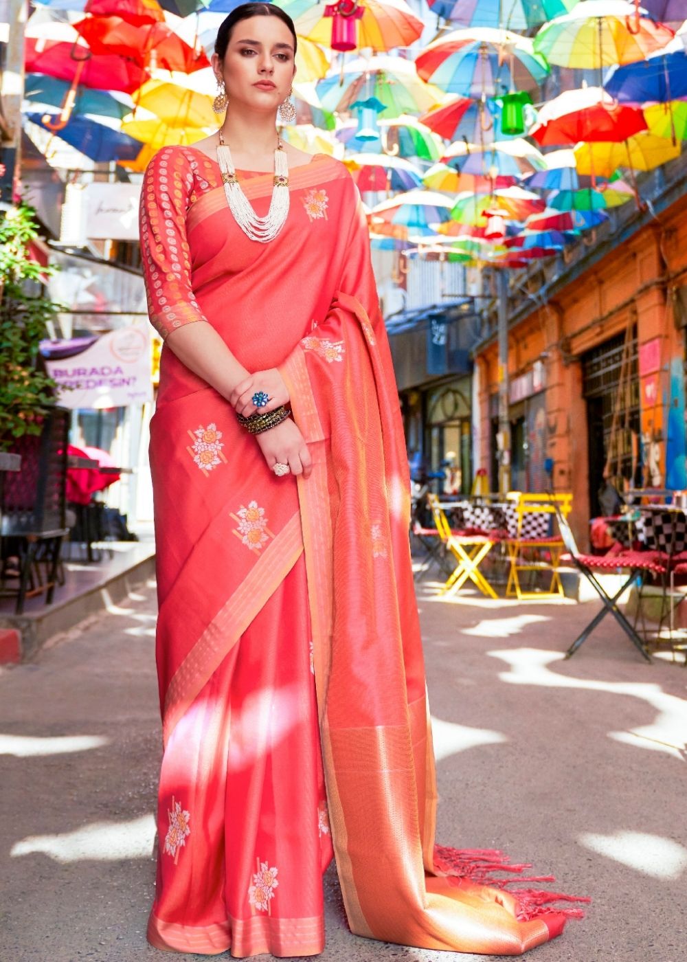 Candy Red Designer Wear Woven Banarasi Silk Saree