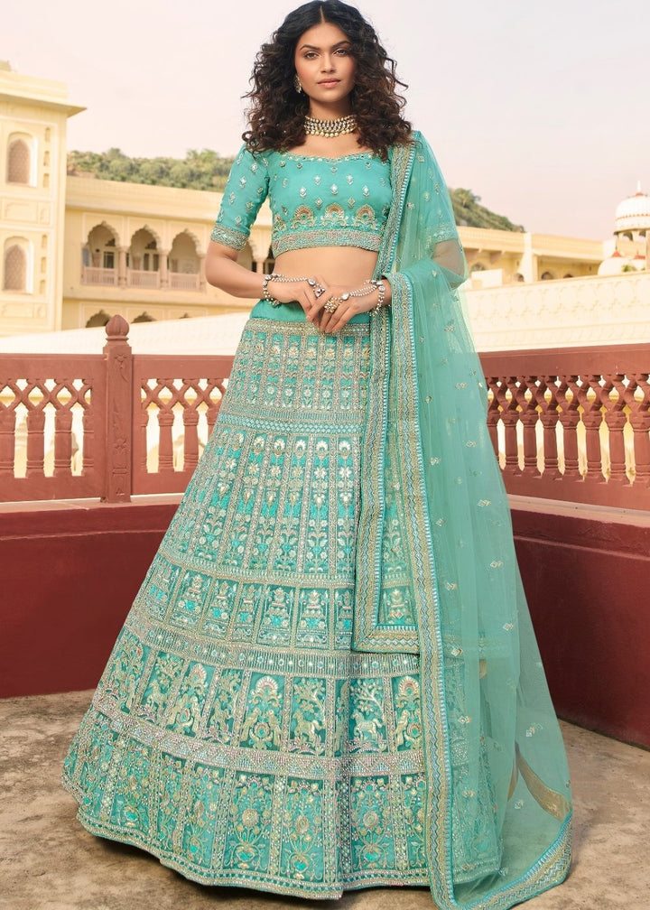 Light Turquoise Blue Organza Lehenga Choli with Zari, Dori, Resham,Gota & Zarkan work