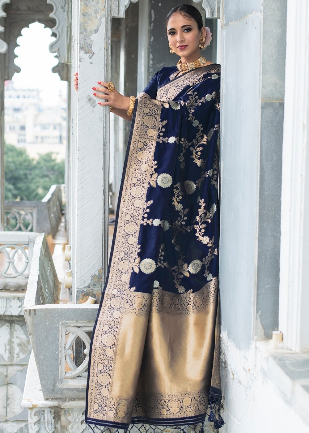 Berry Blue Soft Banarasi Silk Saree with Floral Zari work