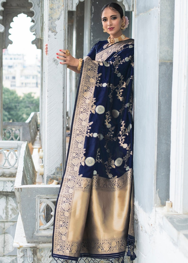 Berry Blue Soft Banarasi Silk Saree with Floral Zari work