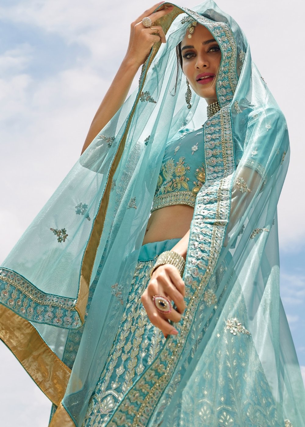 Light Turquoise Blue Organza Lehenga Choli with Zarkan,Gota,Zari & Resham work