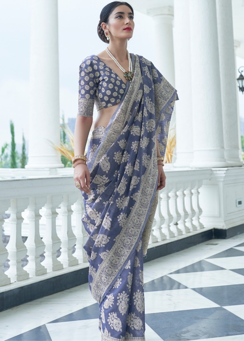 Ocean Blue Lucknowi Chikankari Weaving Silk Saree