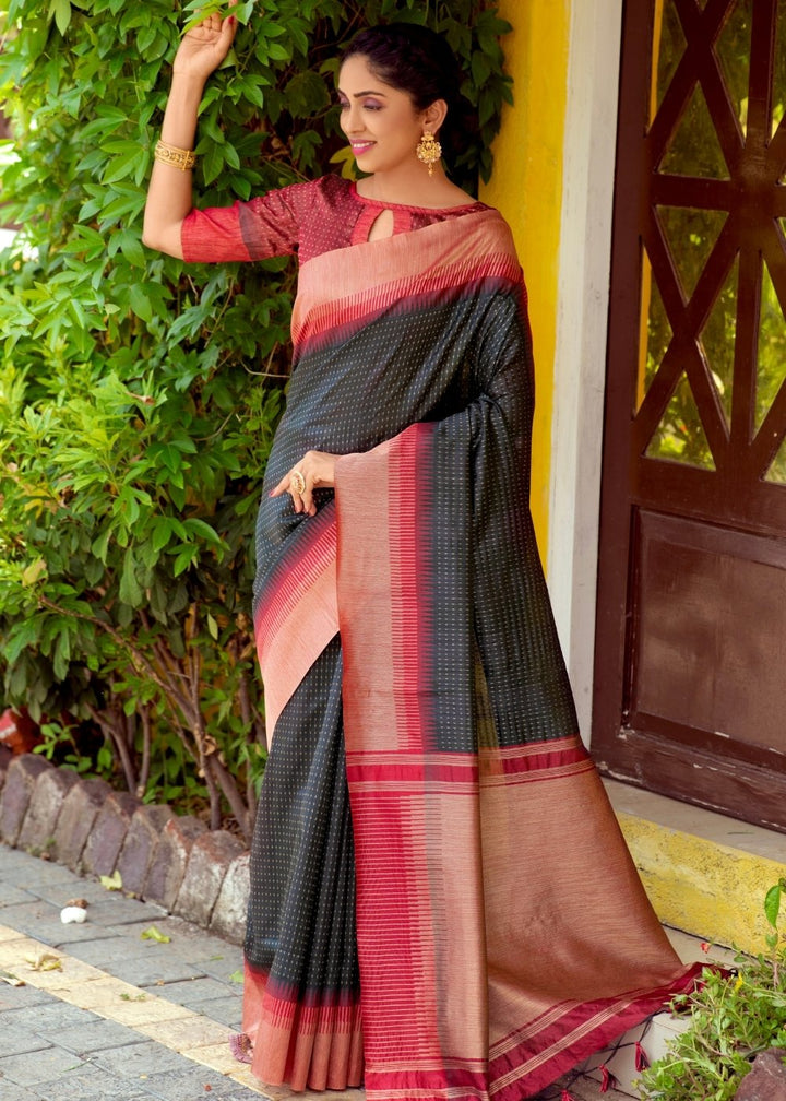 Jade Black Zari Weaving Silk Saree with Tassels on Pallu