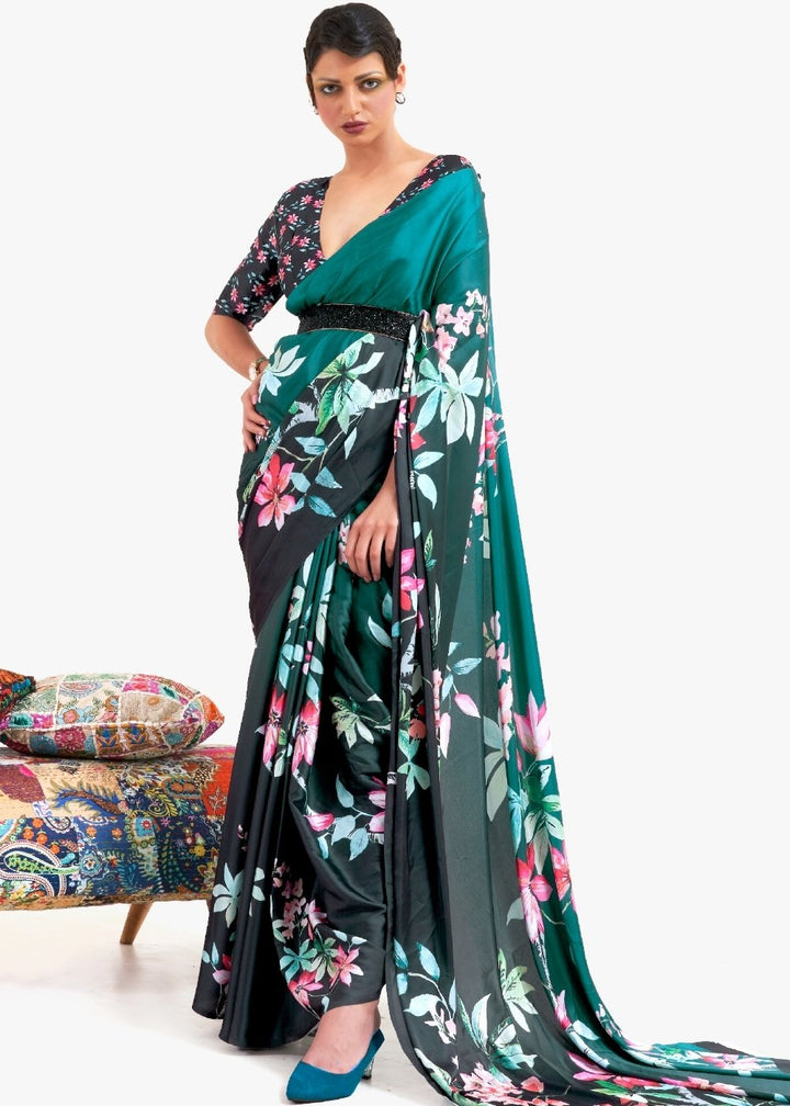 Teal Green Digital Printed Satin Crepe Saree