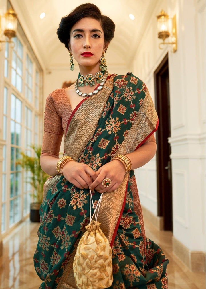 Dark Green Patola Silk Saree with Golden Border