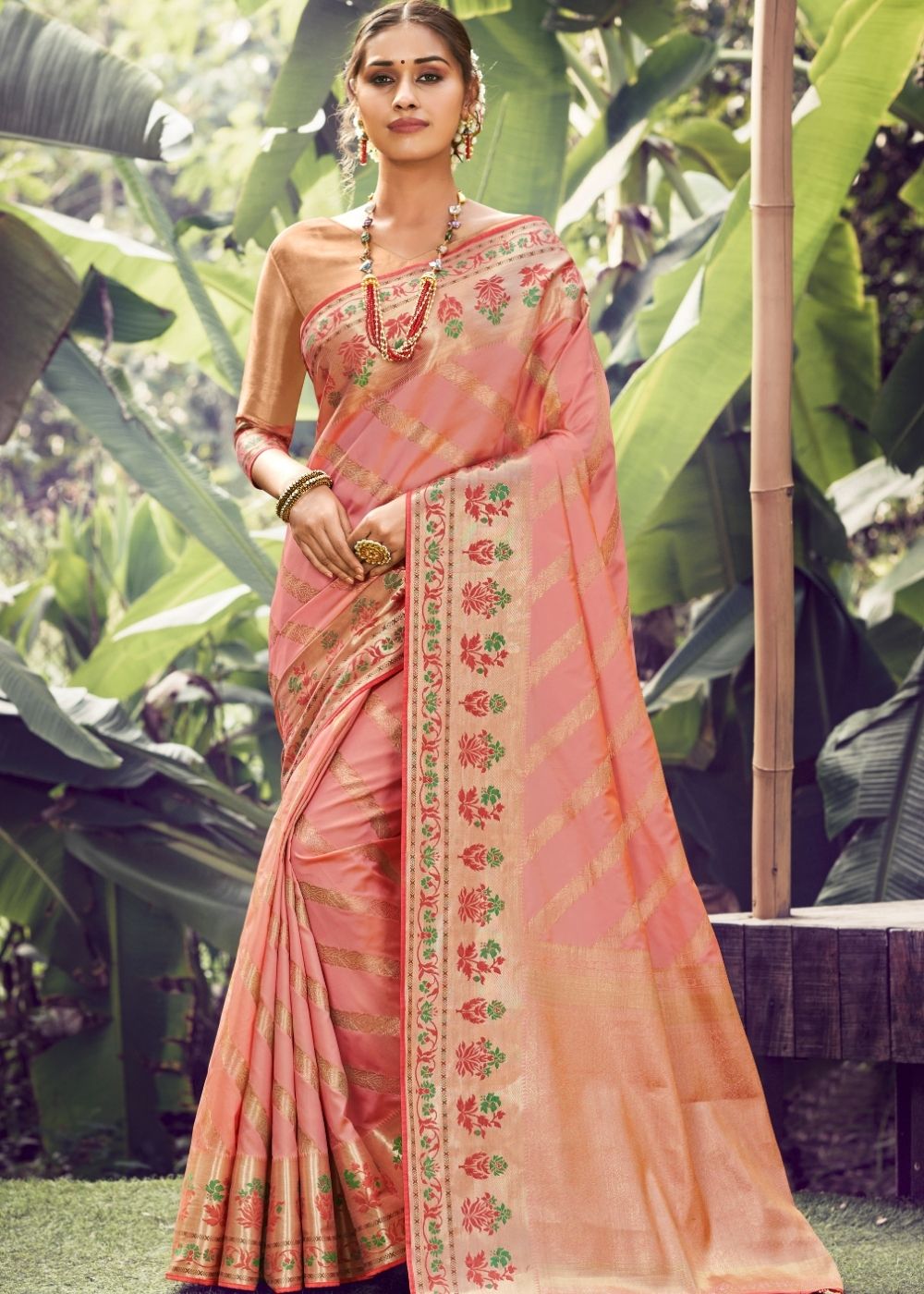 Salmon Pink Zari Woven Banarasi Silk Saree