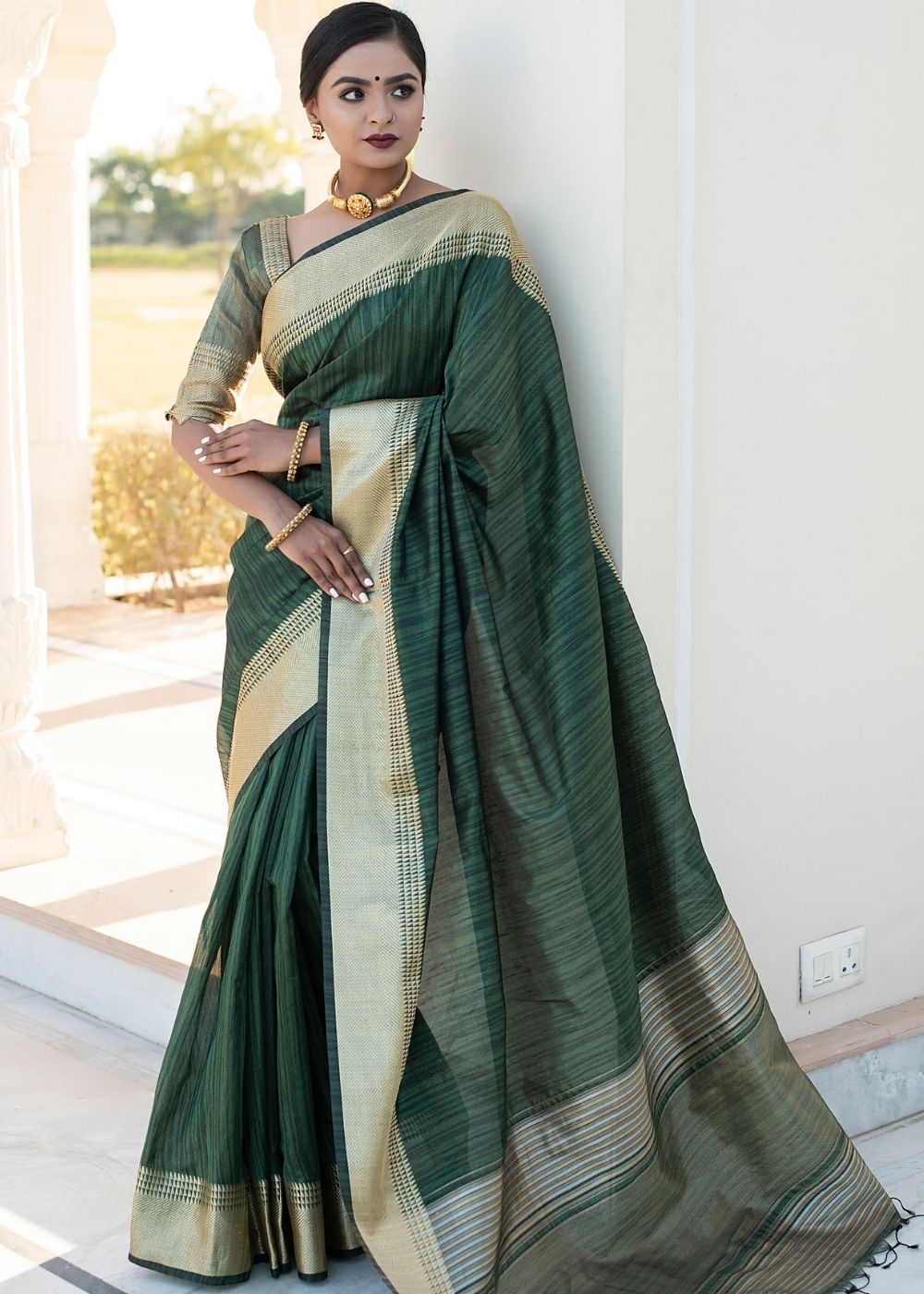 Bottle Green Zari Woven Designer Tussar Silk Saree