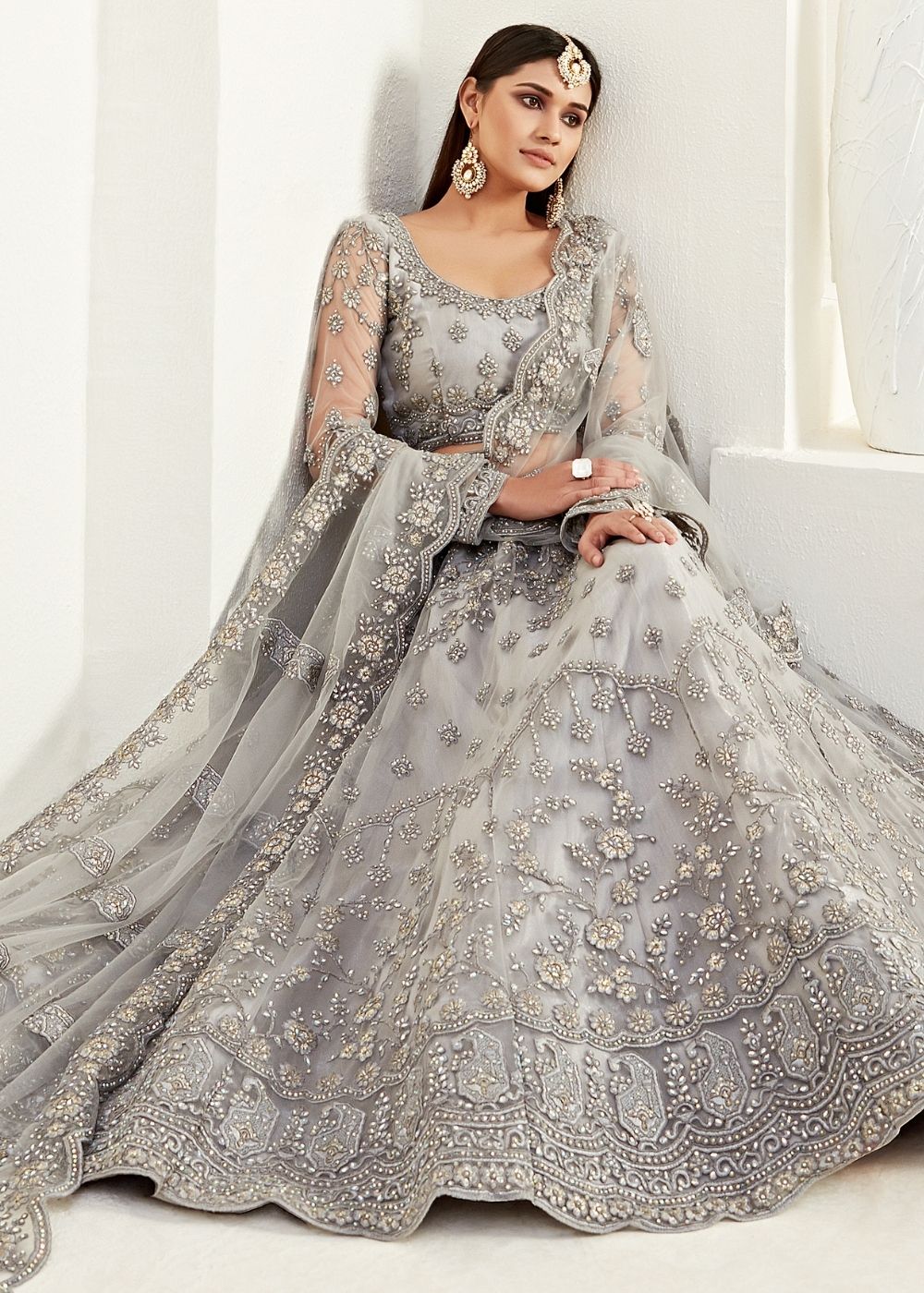 Pewter Grey Soft Net Lehenga Choli with Coding, Thread, Stonework & Badla Embroidery