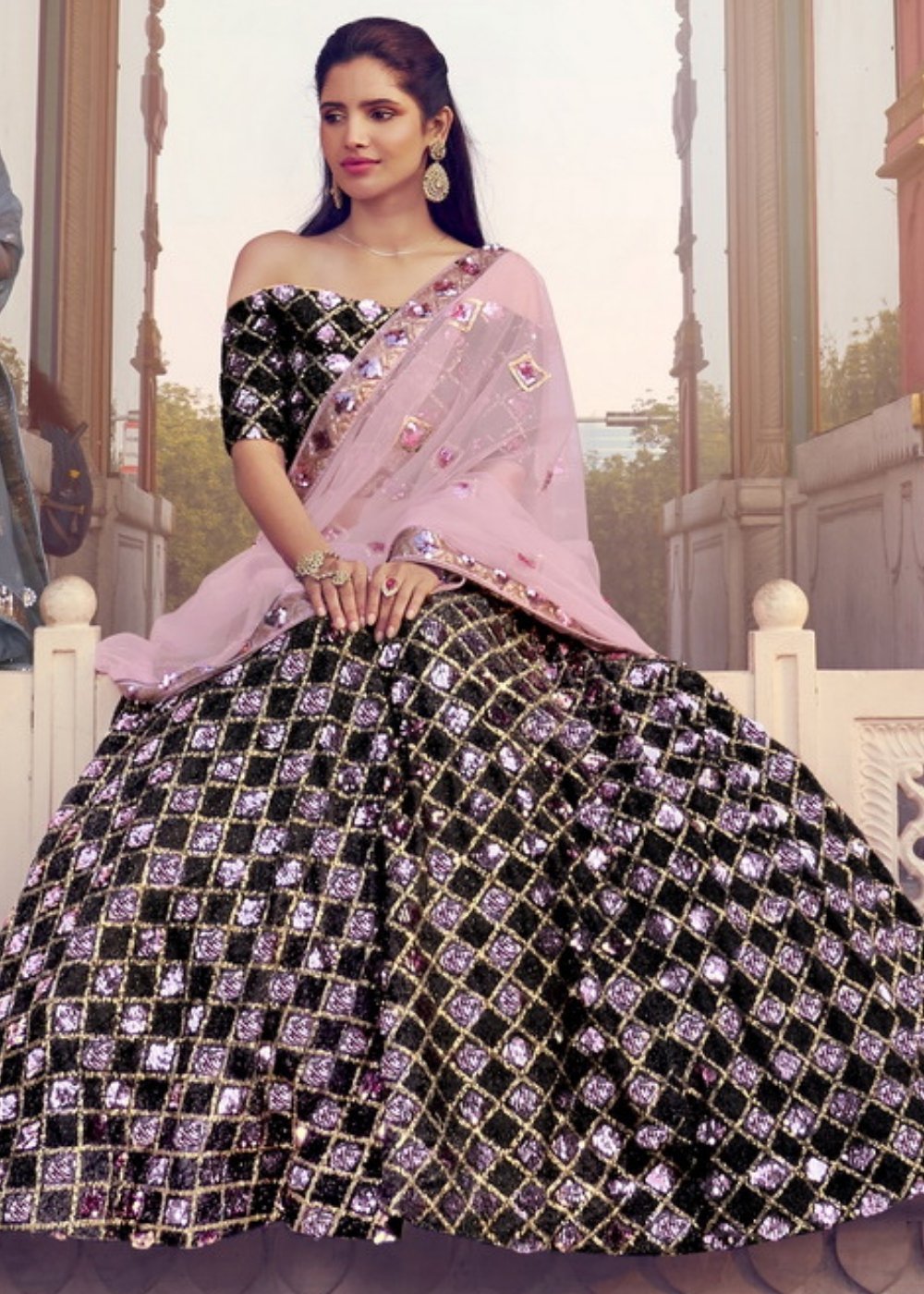 Black & Pink Designer Lehenga Choli with Sequins work