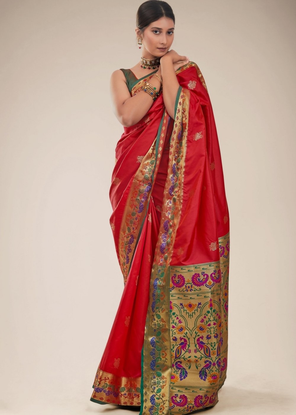 Tomato Red Woven Paithani Silk Saree