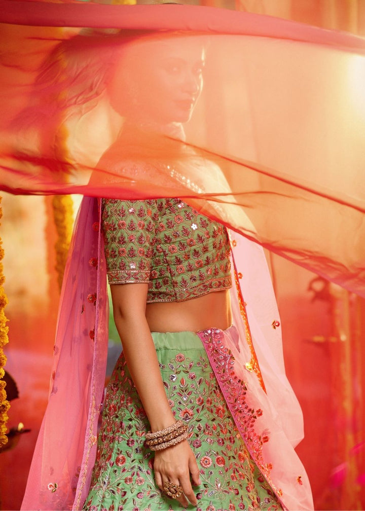 Mint Green Pure Organza Designer Lehenga Choli with Foil, Mirror, Thread and Zari work