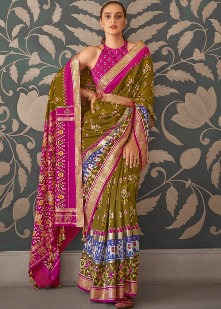 Green & Pink Patola Silk Saree with Zari Border & Tassels On Pallu