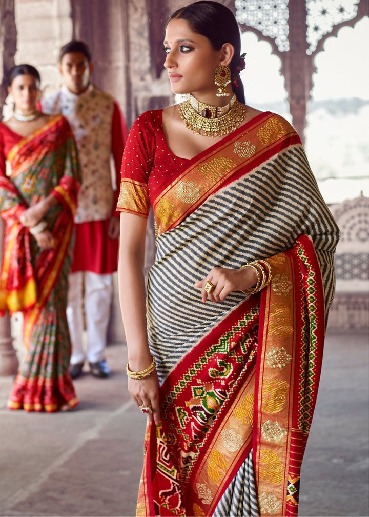 Linen White & Red Patola Silk Saree with Zari Border Pallu & Stone work: Top Pick