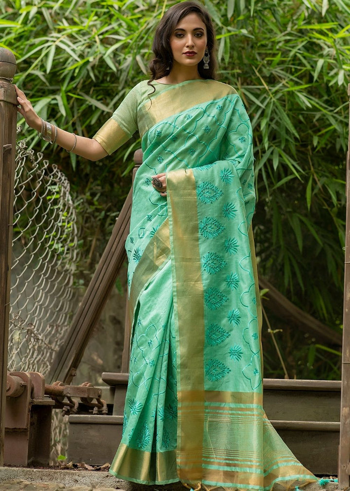 Seafoam Green  Assam Silk Saree with Cut-Work Embroidery