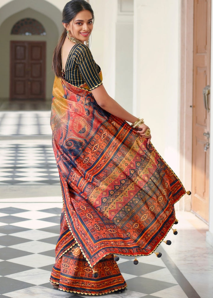 Yellow & Blue Floral Digital Print Silk Saree