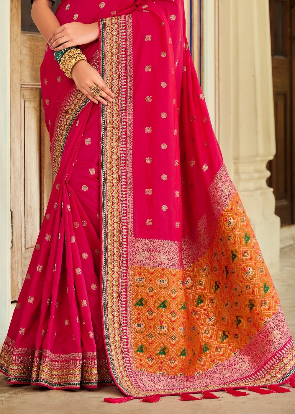 Cerise Pink Woven Banarasi Silk Saree with Embroidered Blouse