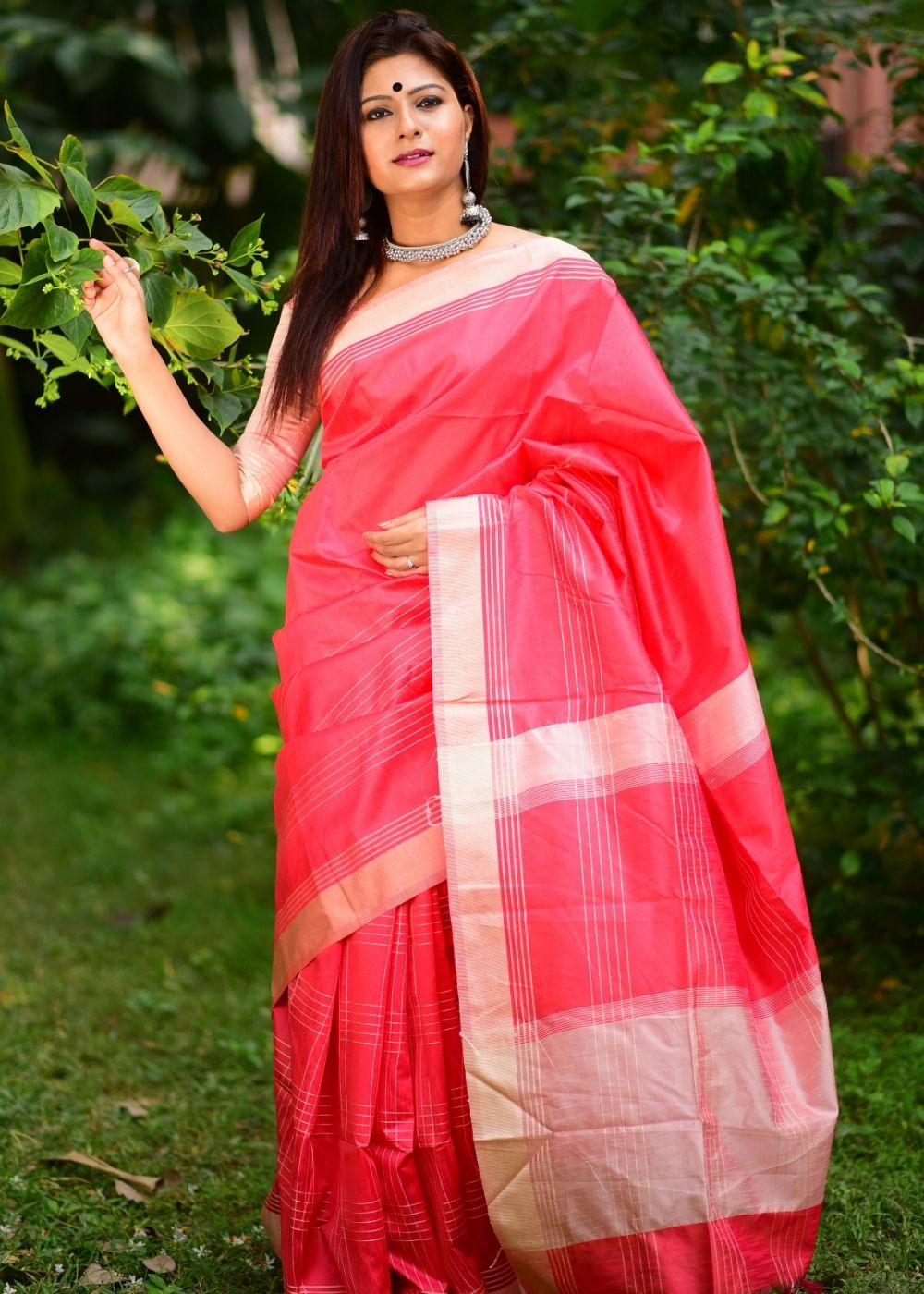 Strawberry Pink Designer Raw Silk Saree